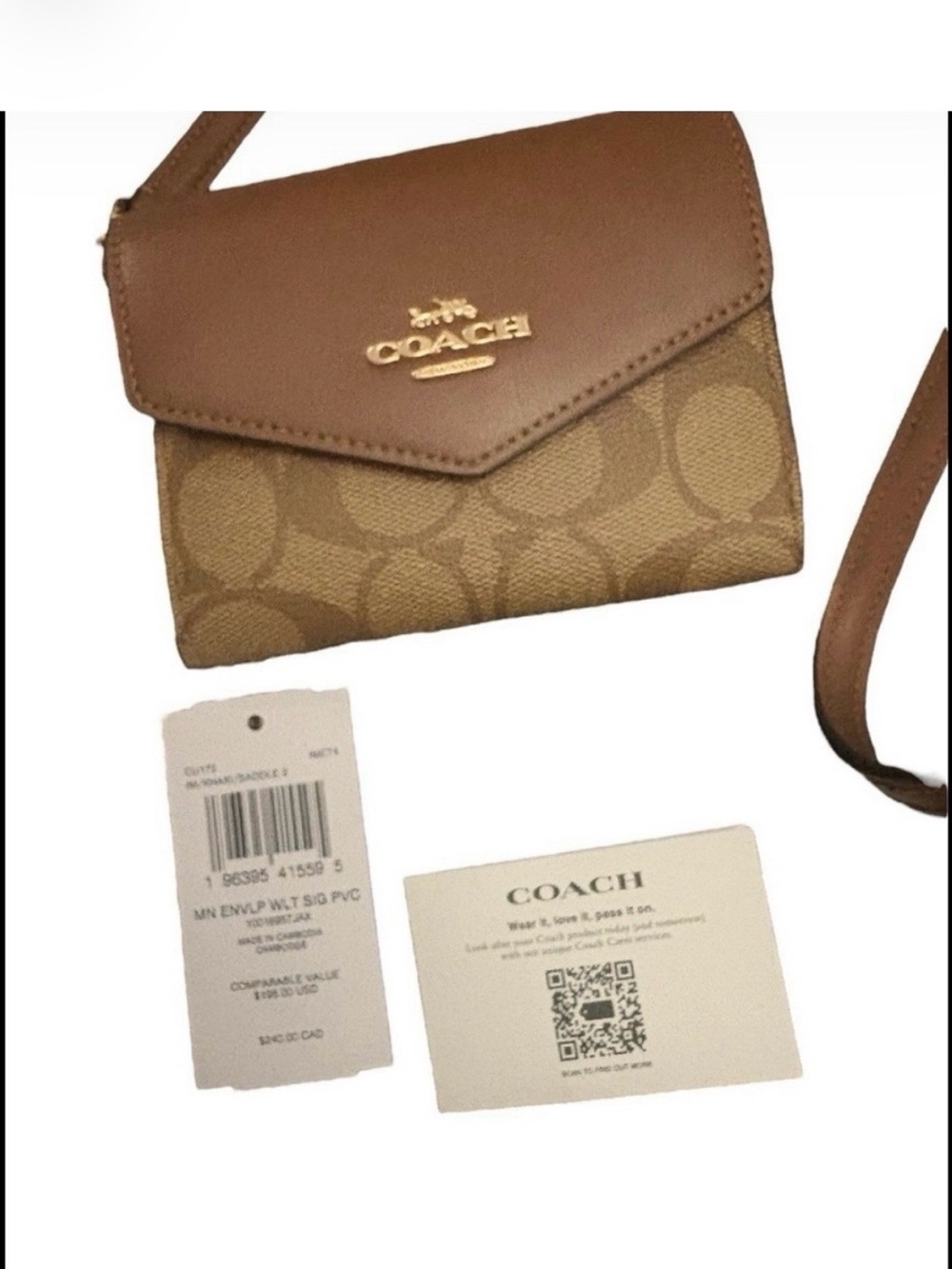 Coach Tan Signature Canvas Crossbody Envelope Bag with Leather Flap